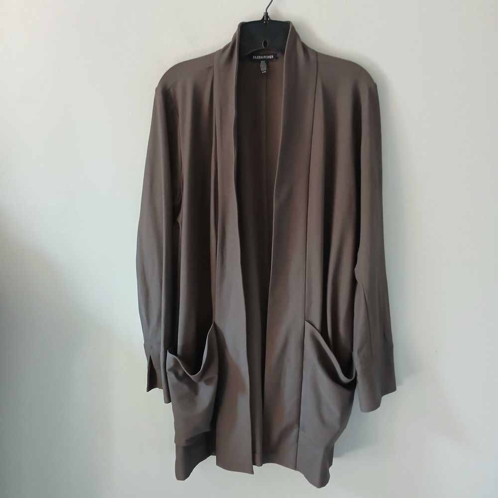 Eileen Fisher Women's Size Medium Crepe Open Cardigan Brown Long Sleeve Pocket
